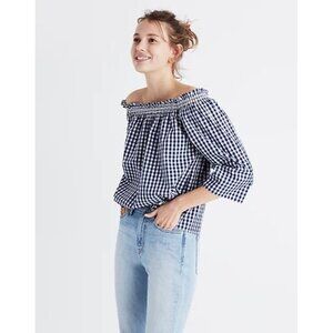 Madewell Smocked Blue & White Gingham Plaid Off The Shoulder Long Sleeve L